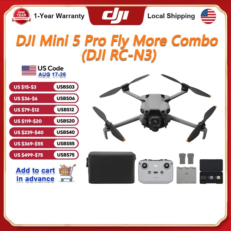 DJI Mini 5 Pro Fly More Combo DJI RC-N3 Vlog Drones with 1-Inch CMOS Mini 5 Pro 4K Camera Drone for Beginners ActiveTrack 360° 225° Gimbal Rotation 3 Batteries
