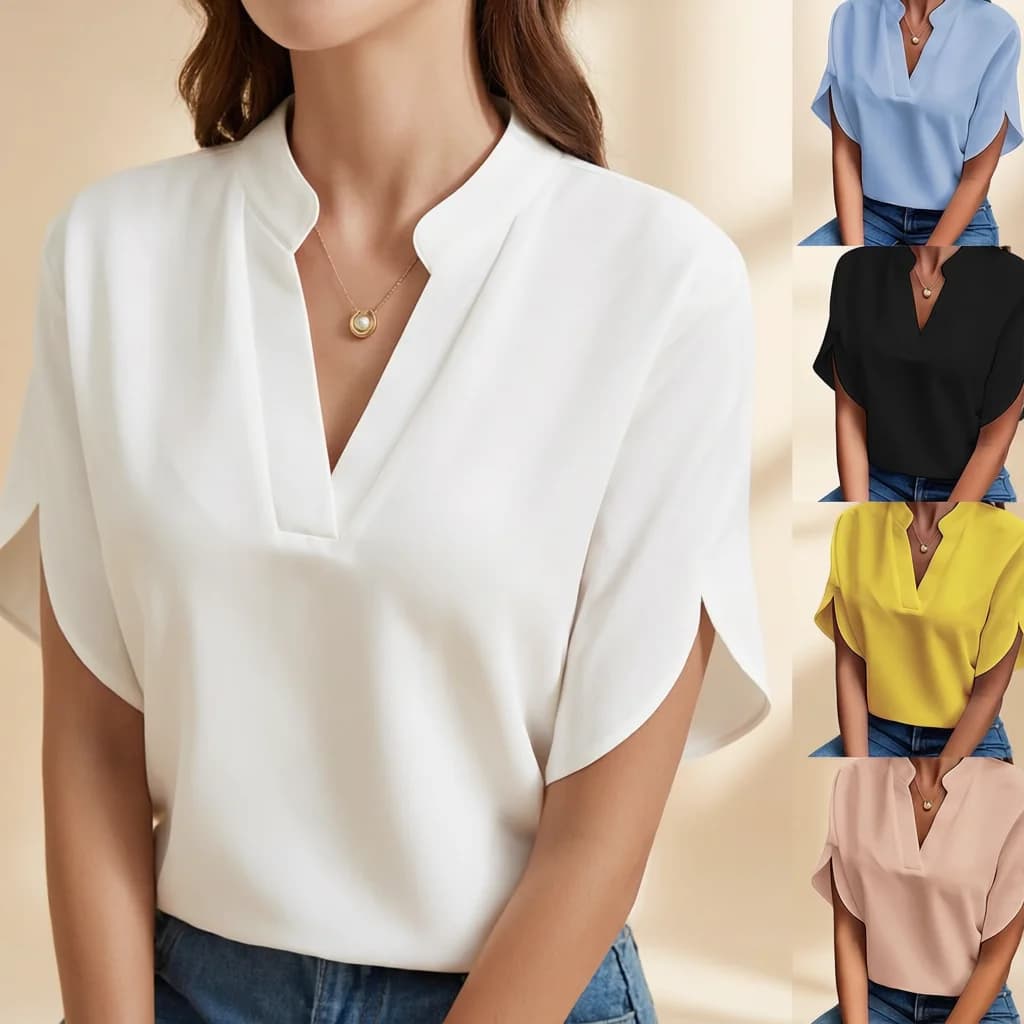 Women Elegant Solid V Neck Blouse Casual Short Sleeve Loose Shirt Summer Solid Tops Harajuku Office Ladt Chiffon Blouse 2026 New