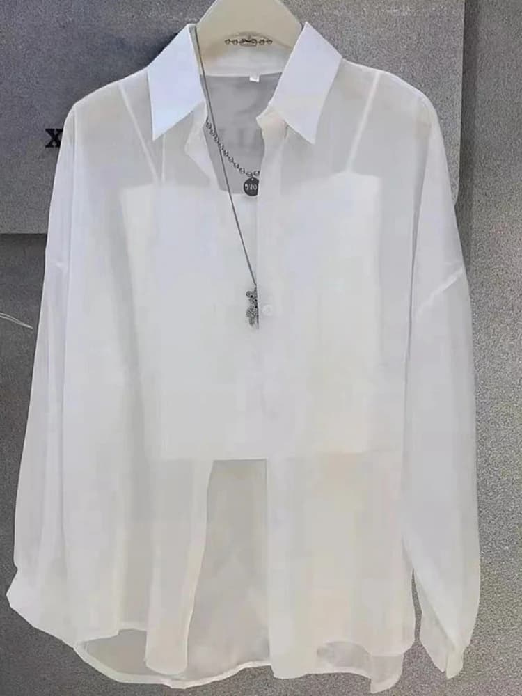 Plus Size Women’s Tops 2025 Summer Breathable and Sun-Proof Ice Silk Button Thin Loose Sheer Chiffon Blouses Shirts Long Sleeve