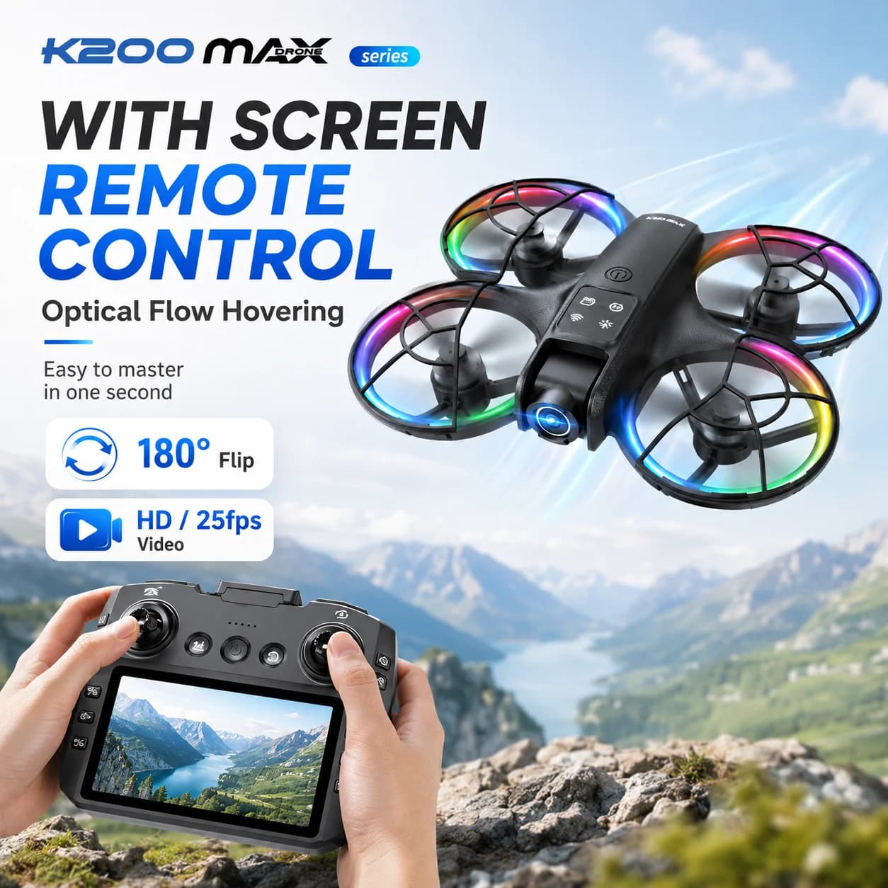 ZNLYRION K200MAX Full Protected Mini Drone With LCD Screen Remote 180 Electric Adjustable Camera Brushless Motor Optical Flow Hover RGB Colorful Light RC Quadcopter