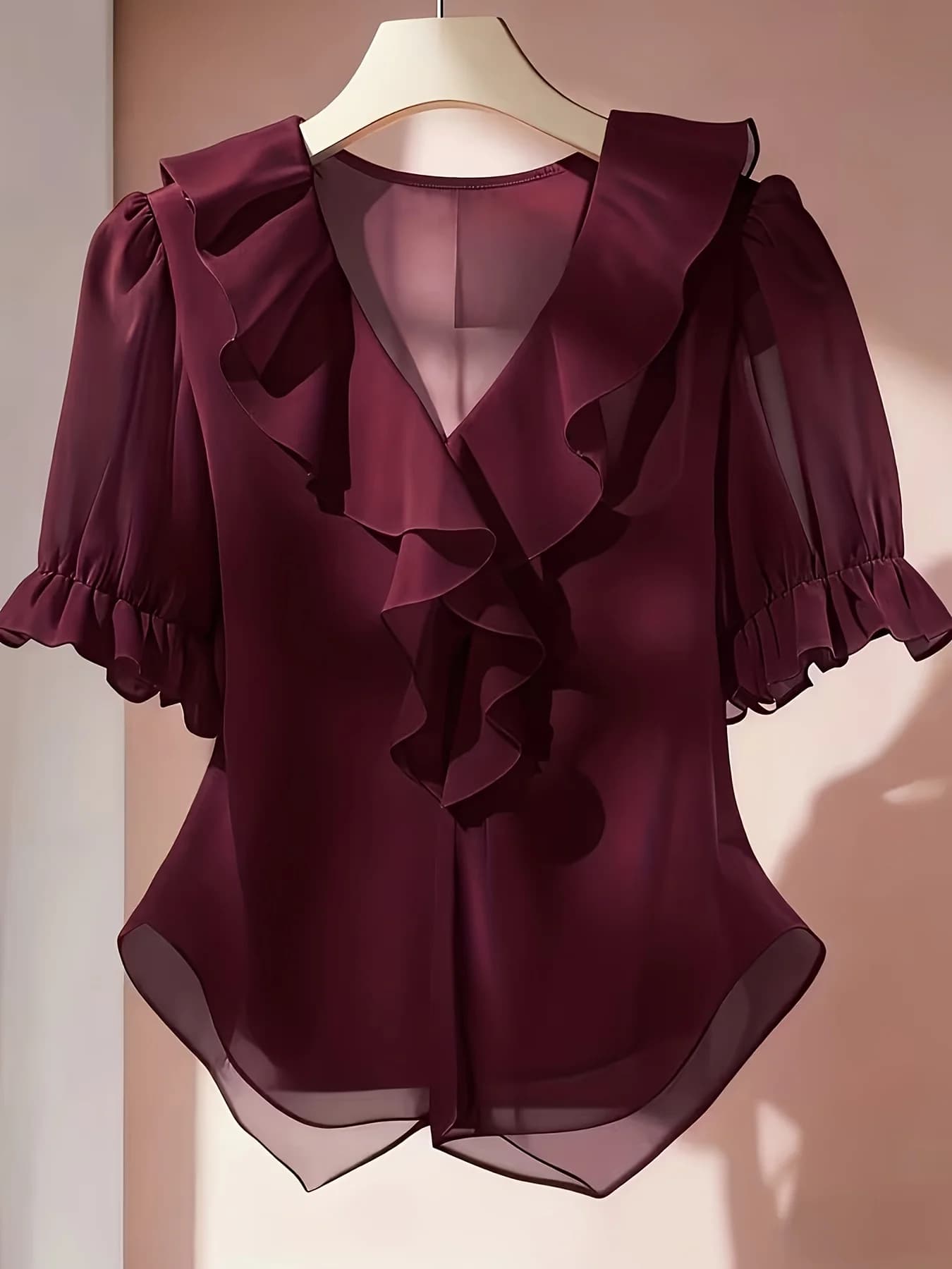 Plus Size Women's Solid Color Ruffle Collar Short Puff Sleeve Fashionable Blouse Ruffle Blouse Chiffon Blouses For Women