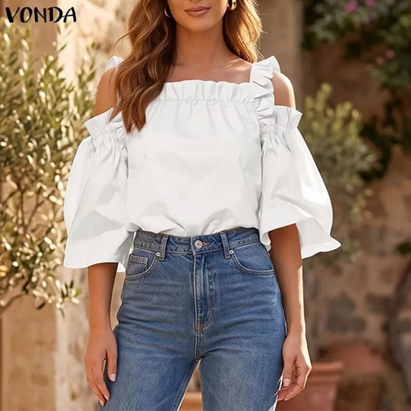 VONDA Women Blouses Summer Off Shoulder Tank Tops Fashion Ruffled Shirts Solid Color Tops Tunic Casual Loose Blusas Femme
