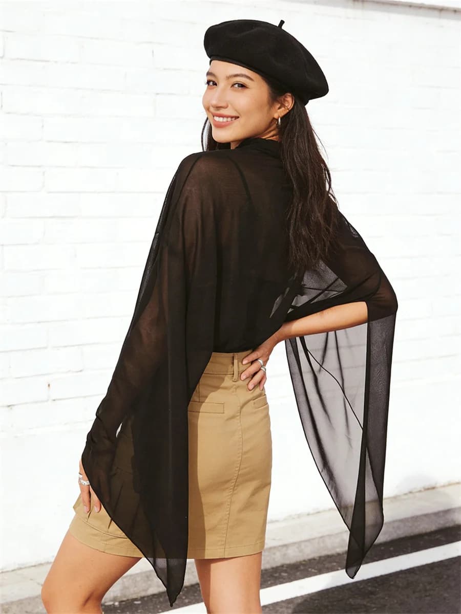 Women Mesh Poncho Tops Fashion Long Sleeve Turtleneck Loose Fit Cover Ups Blouses See Through Shirts Summer