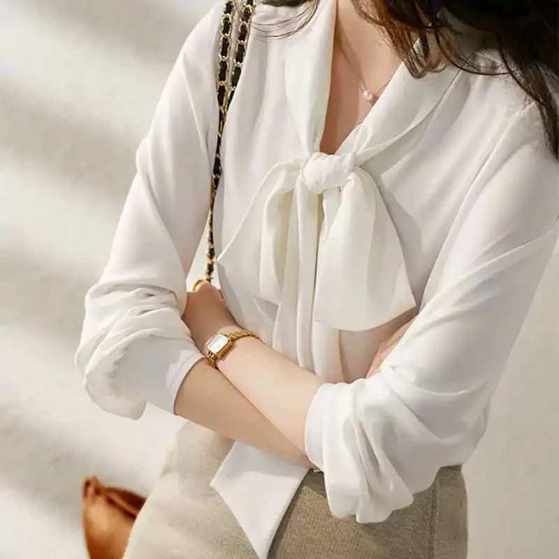 Elegant Bow Lace-Up Collar Shirts Women Spring Autumn Loose Black White Chiffon Blouses Simple Temperament Office Lady Blusas