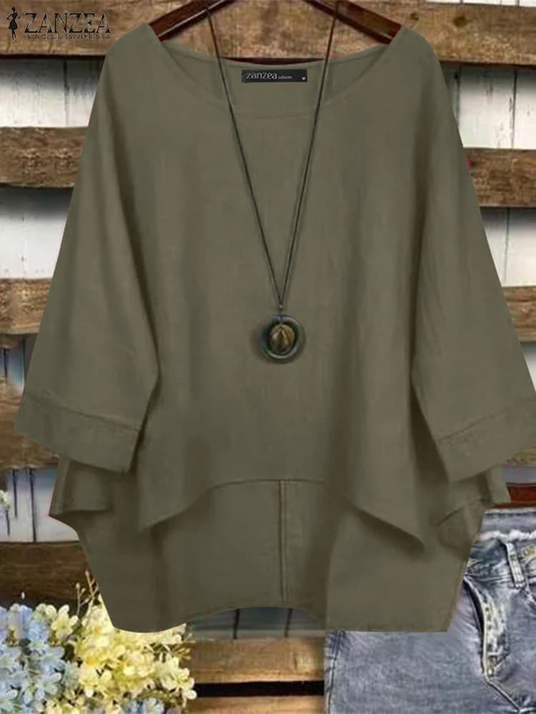 ZANZEA Casual 2026 Summer Blusas Mujer Woman Cotton Asymmetrical Hem High-Low Blouses 3/4 Sleeve Loose O-Neck Everyday Tops