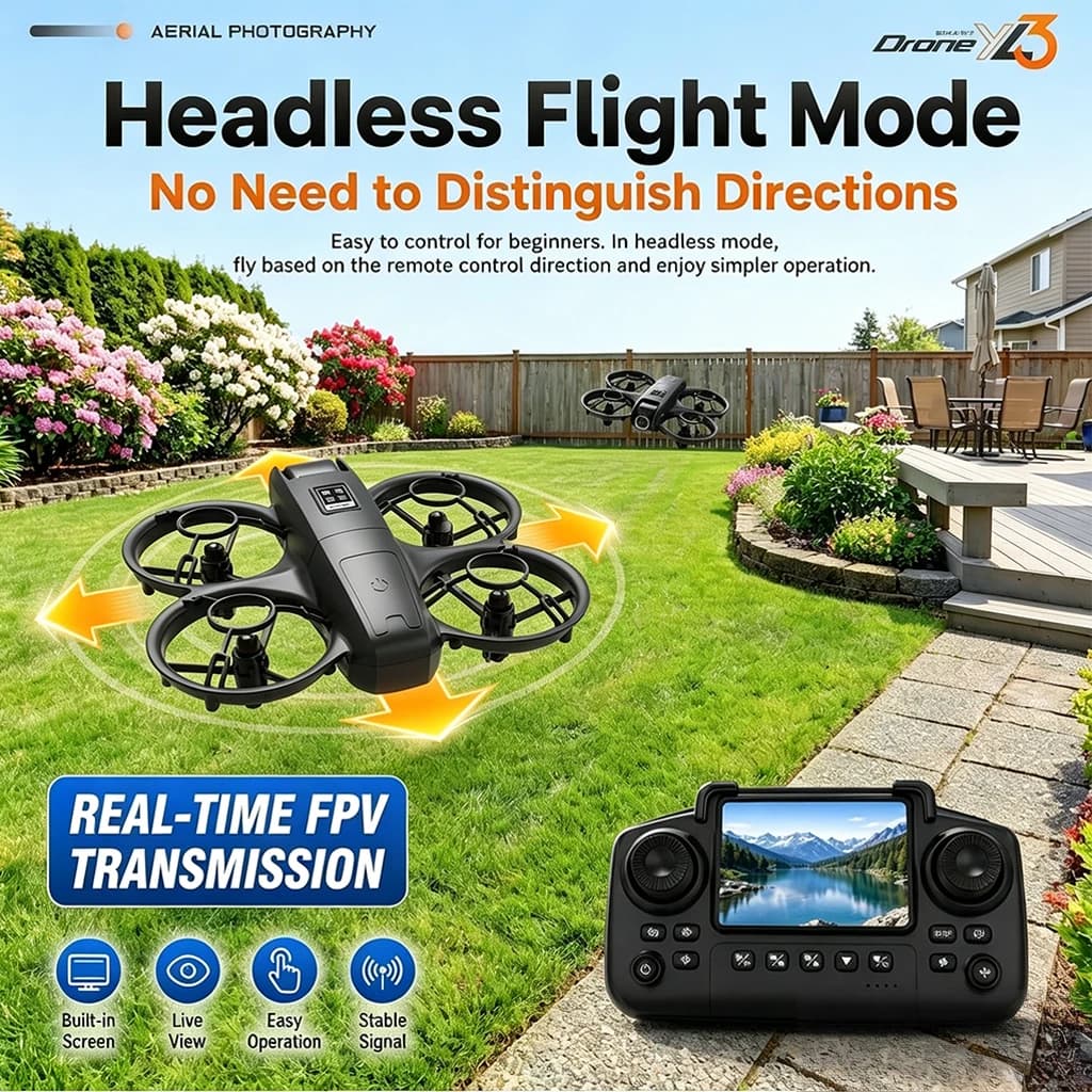 ZNLYRION YL3PK Mini Full Protective Drone With 2.4 Inch Screen Remote Dual Camera Optical Flow Hover 2 Batteries Indoor RC Quadcopter