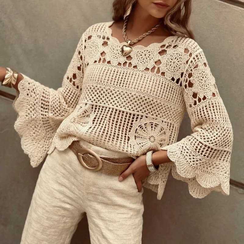 Flare Long Sleeve Cotton Crochet Blouses Summer Loose Top Vintage Boho Beach Cover Up Knitted Shirt Women's Blouse Casual Blusas