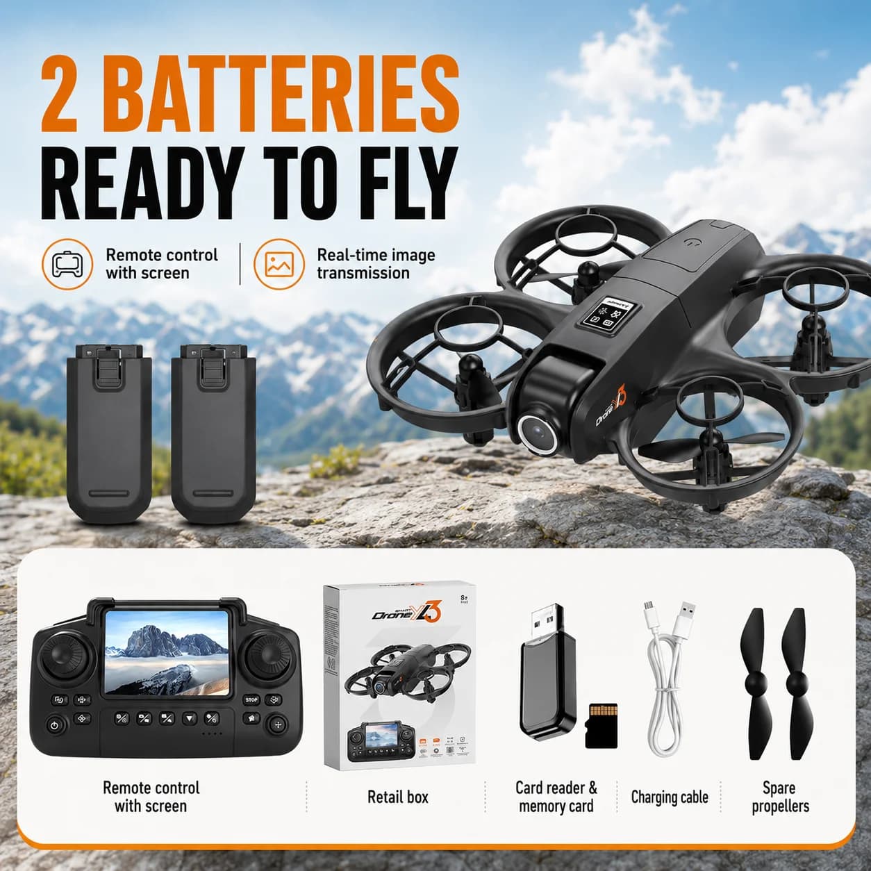 ZNLYRION Mini Dron YL3PK Totalmente Protector con Pantalla de 2.4 Pulgadas, Control Remoto, Cámara Dual, Flujo Óptico, Vuelo Estacionario, 2 Baterías, Cuadricóptero RC para Interiores