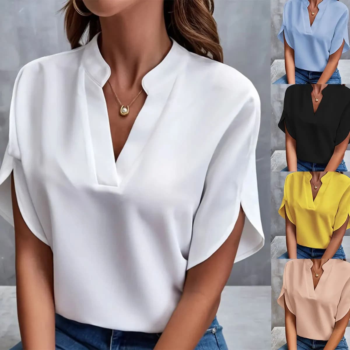 Blusa Elegante de Mujer con Cuello en V, Manga Corta, Holgada, Estilo Casual, para Verano, Oficina, Chifón, Estilo Harajuku, Nueva Colección 2026