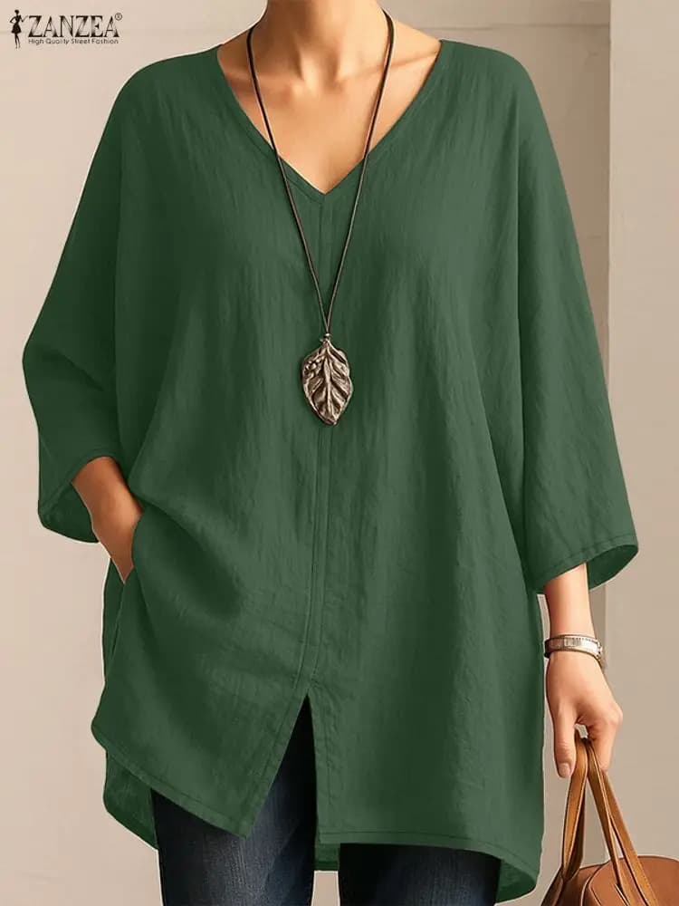 ZANZEA 2025 otoño 3/4 blusas de manga mujer Casual cuello pico Color sólido dobladillo con abertura blusa larga suelta uso diario 3 colores S-3XL
