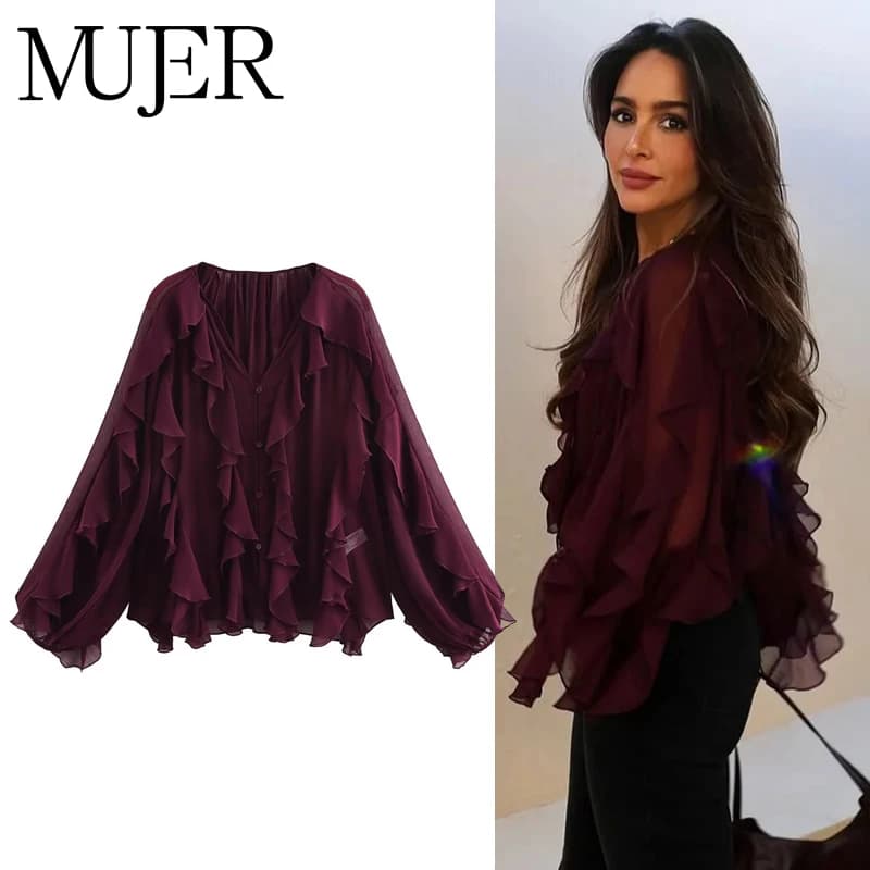 MUJER, blusas con volantes para mujer, blusas informales semitransparentes, camisas y blusas de hadas de primavera para mujer, Tops de manga larga para mujer 2025