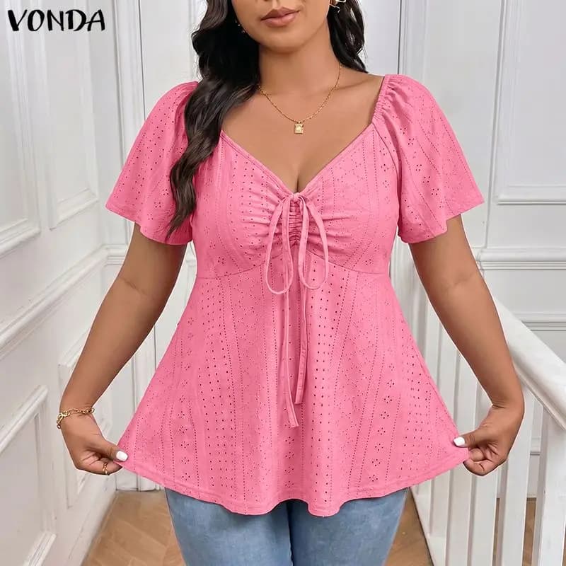 VONDA Blusas de color liso para mujer, Tops de verano de manga corta con encaje y patchwork, blusas elegantes para oficina y trabajo, túnicas informales con cordones para la playa