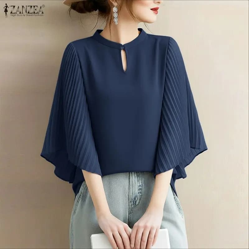 ZANZEA Blusas de mujer con pliegues acordeón y mangas 3/4, elegantes tops con cuello mandarín y abertura en forma de llave, blusas informales de color liso para otoño, talla 3XL