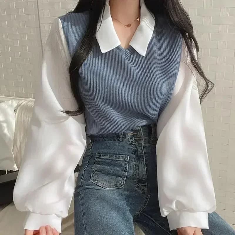 Camisa coreana Y2k, Tops falsos de dos piezas con cuello tipo Polo, blusa para mujer, ropa de calle informal de primavera, jerséis holgados para mujer, blusas elegantes