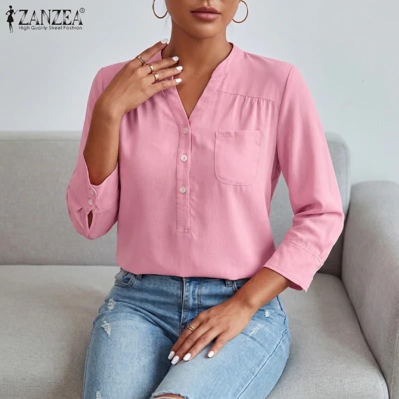 ZANZEA-Blusas de verano con medio botón para Mujer, blusas con cuello en V y manga 3/4, camisas de Color sólido, Blusas holgadas informales para uso diario