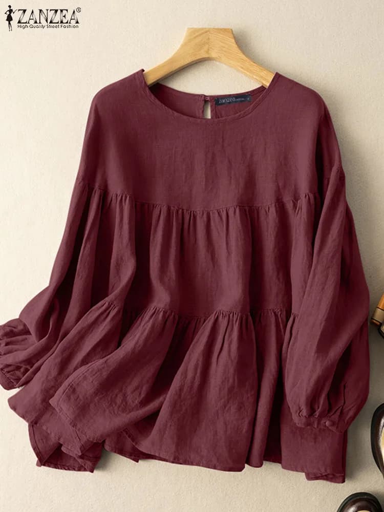 ZANZEA Blusas de algodón transpirables de verano para mujer, blusas de manga larga con cuello redondo, blusas informales holgadas de Color sólido para mujer 2026