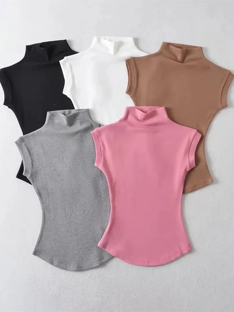 Camisetas sin mangas de cuello alto para mujer, jerseys lisos ajustados, camisetas informales, ropa de calle para mujer, Camisetas básicas