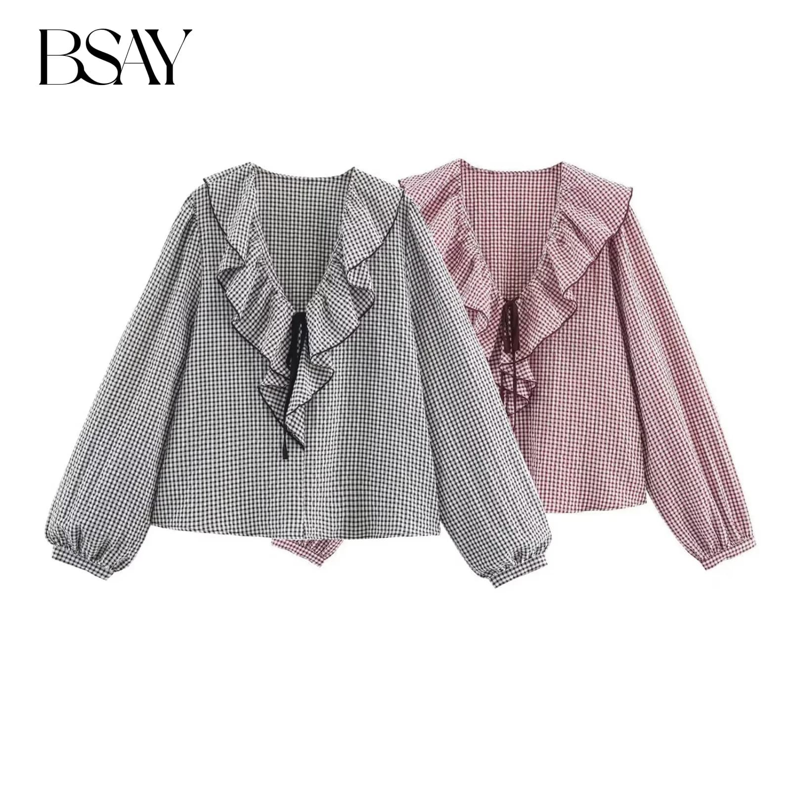 BSAY-Camiseta a cuadros con lazo para mujer, ropa de otoño 2021, nuevo francés con cuello en V, blusas holgadas de manga larga con volantes, tops elegantes para mujer