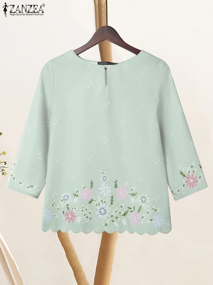 ZANZEA, Blusas informales de manga larga con cuello redondo para Mujer, Blusas de otoño 2025, Camisa estampada Vintage, Blusas de corte ondulado para Mujer, camisa holgada