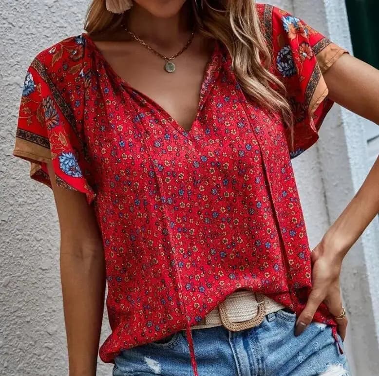 Blusas con estampado Floral de verano para mujer, Tops informales bohemios de manga corta con cuello de pico a la moda para playa, camisa elegante para mujer, nuevas mujeres