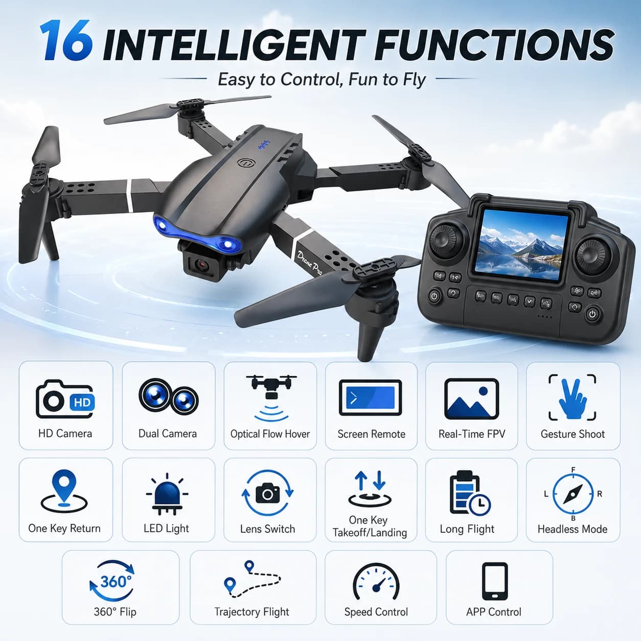 Dron RC Plegable 4K HD con Cámara Dual 90 °   Ajustable 120 °   Quadcopter FPV con Control Remoto de 2.4G y 100M, Zoom Gran Angular de 50X y Mantenimiento de Altitud