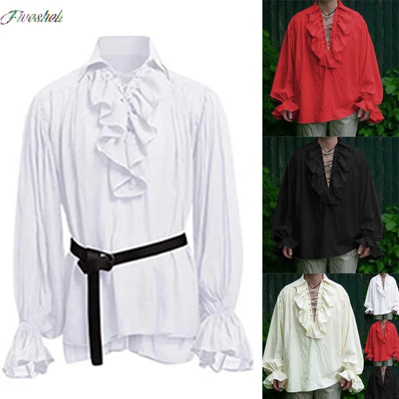 Camisa Medieval de pirata para hombre, Camisa blanca con volantes, disfraz gótico Steampunk, Cosplay, renacentista, Victoriano, Tops vikingos