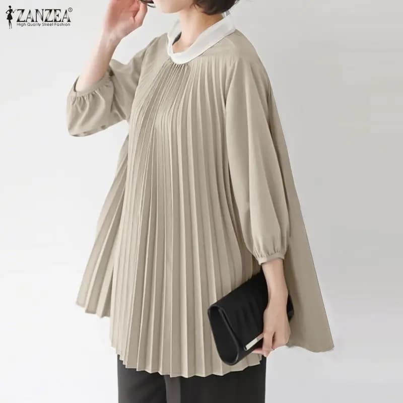 ZANZEA, blusas con detalles plisados ​​a la moda para Mujer, cuello redondo con ribete en contraste, manga abullonada 3/4, Tops holgados de corte A, ropa informal de calle, Blusa para Mujer
