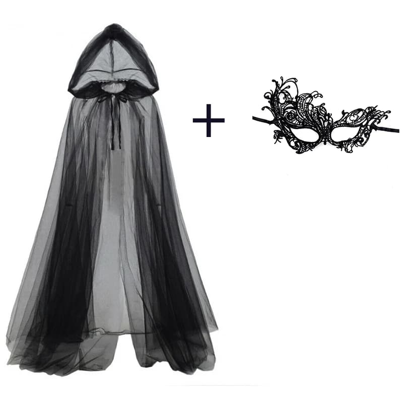 Juego de 2 piezas: capa de velo negro y máscara negra, disfraz de bruja o vampiro para Halloween, capa de doble capa, accesorios para disfraces, ideal para fiestas.