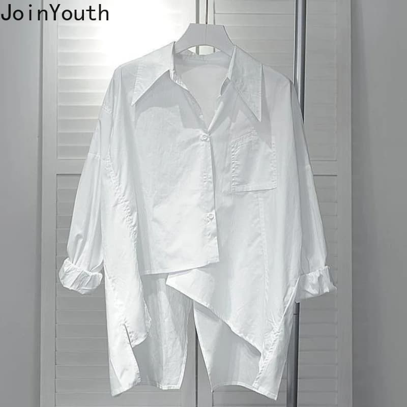 Blusas blancas De gran tamaño para Mujer, Camisas informales De moda coreana, blusa Vintage Irregular dividida