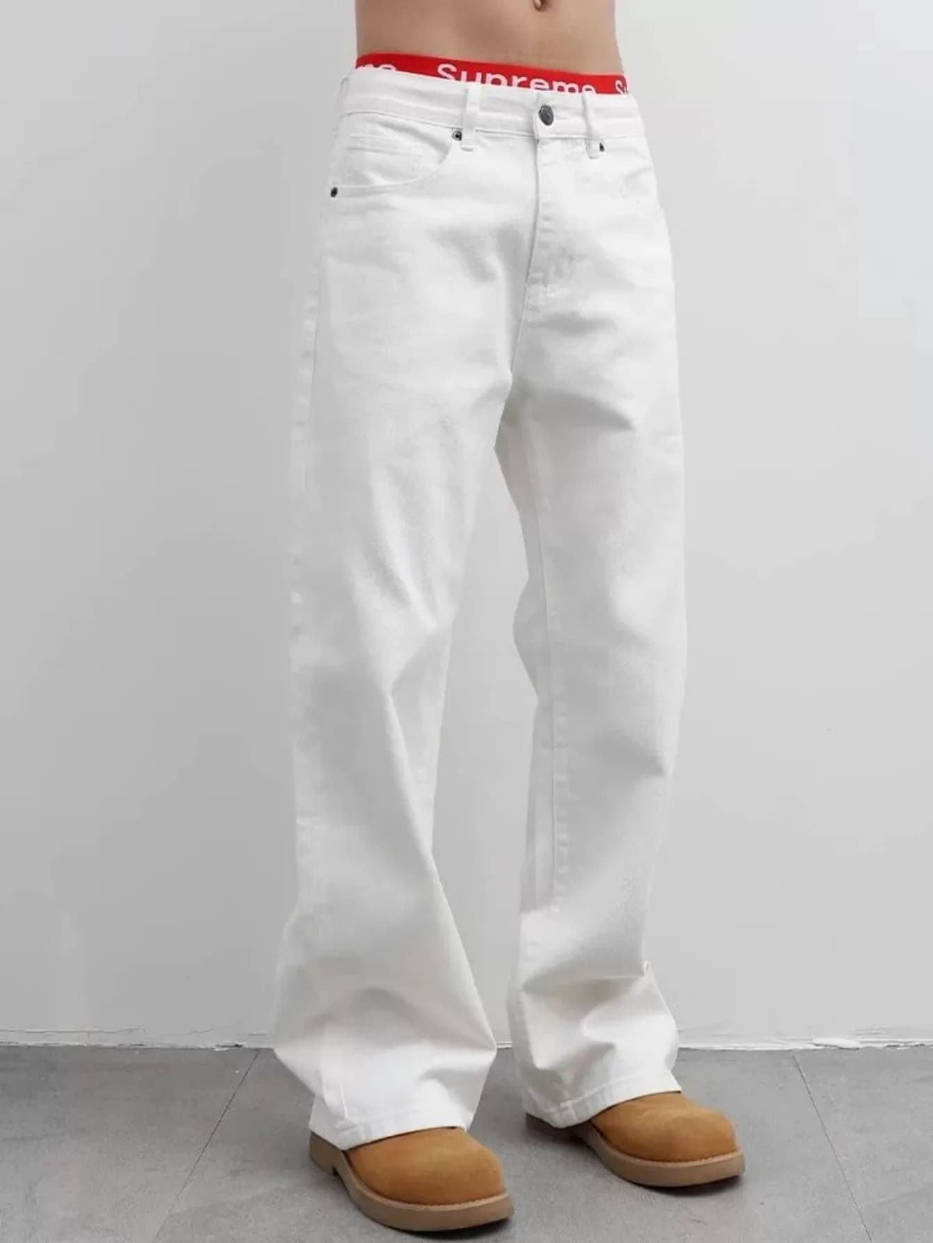 【HME】Men's jeans | Street Fashion Denim Pants, Solid White Flared‑Leg Denim Trousers With Fine Craft Stitching, Versatile Casual pants, Well‑Built Denim Bottoms, Trendy Male Denim Apparel For Multiple