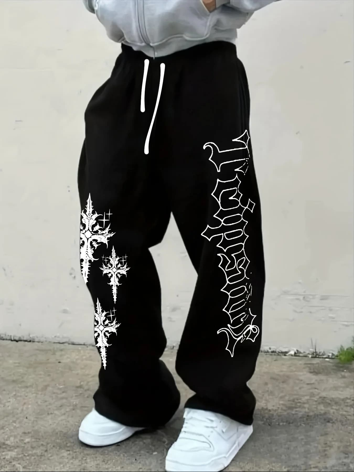 Men Gothic Vertical Graphic Wide Leg Sweatpants Drawstring Loose Straight Baggy Y2K Dark Punk Streetwear Pants.