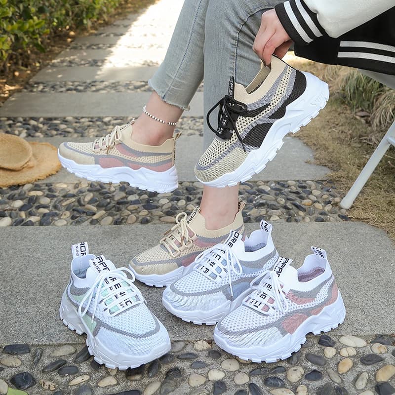 Women's Color Block Mesh Knit Chunky Sneakers 4cm Height Increasing Lace Up Thick Sole Breathable Walking Casual Sport
