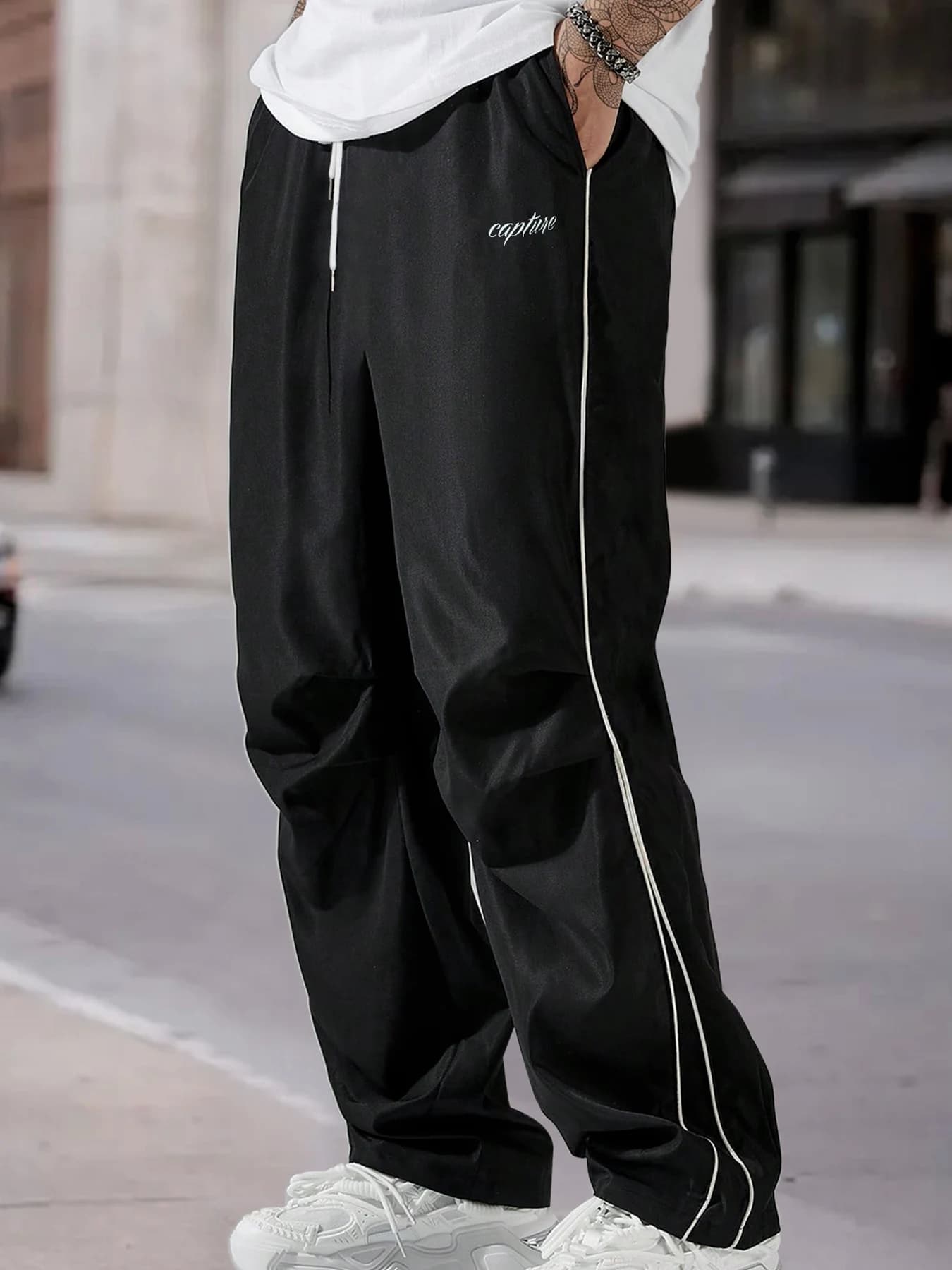 Pantalones Casuales Anchos con Letras Bordadas y Rayas Laterales Estilo Americano para Hombre, Pantalones Deportivos Holgados de Verano