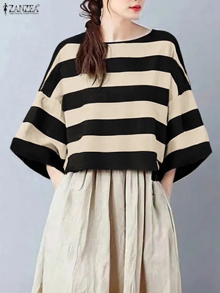 ZANZEA blusas a rayas de Color contrastante de gran tamaño para mujer, blusas holgadas informales con cuello caído y hombros descubiertos, ropa para mujer S-3XL