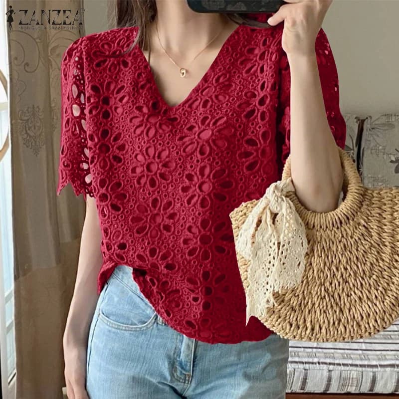 ZANZEA Blusas de verano bordadas con ojales para mujer, blusas informales con cuello en V, manga corta, encaje hueco, Blusas lisas para mujer, para vacaciones diarias
