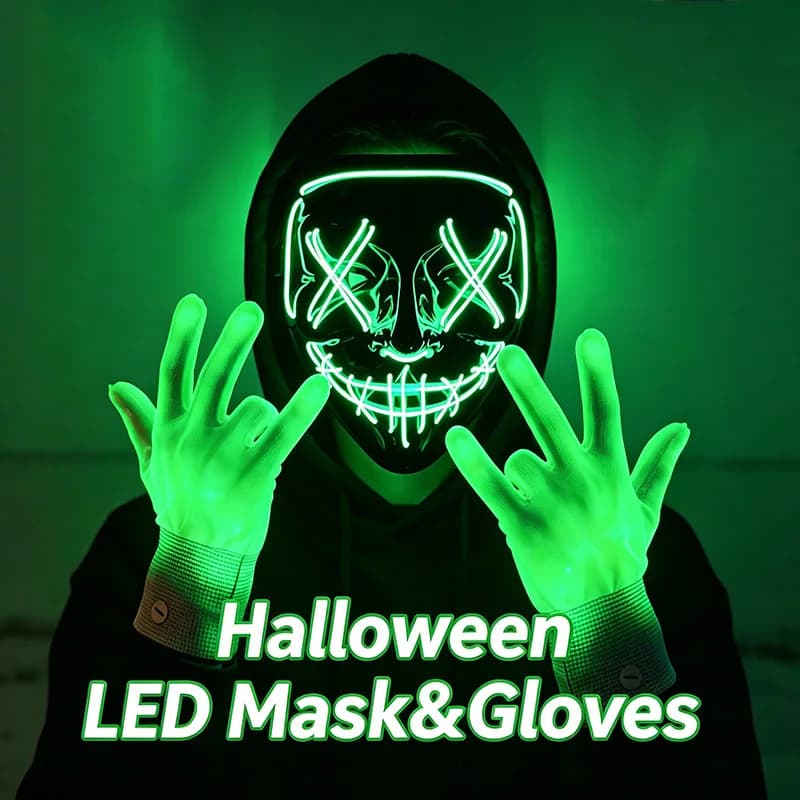 Máscara LED inalámbrica de neón y guantes de fibra óptica, máscara brillante en la oscuridad para Halloween, carnaval, cosplay, bar, fiesta de cumpleaños
