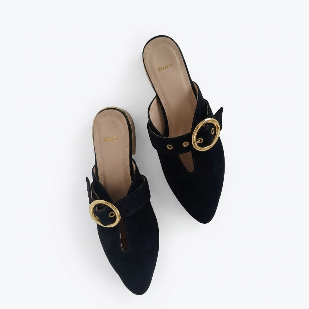 Mules de Tacón Bata - Elegancia en Ante Negro con Hebilla Dorada Talla 35