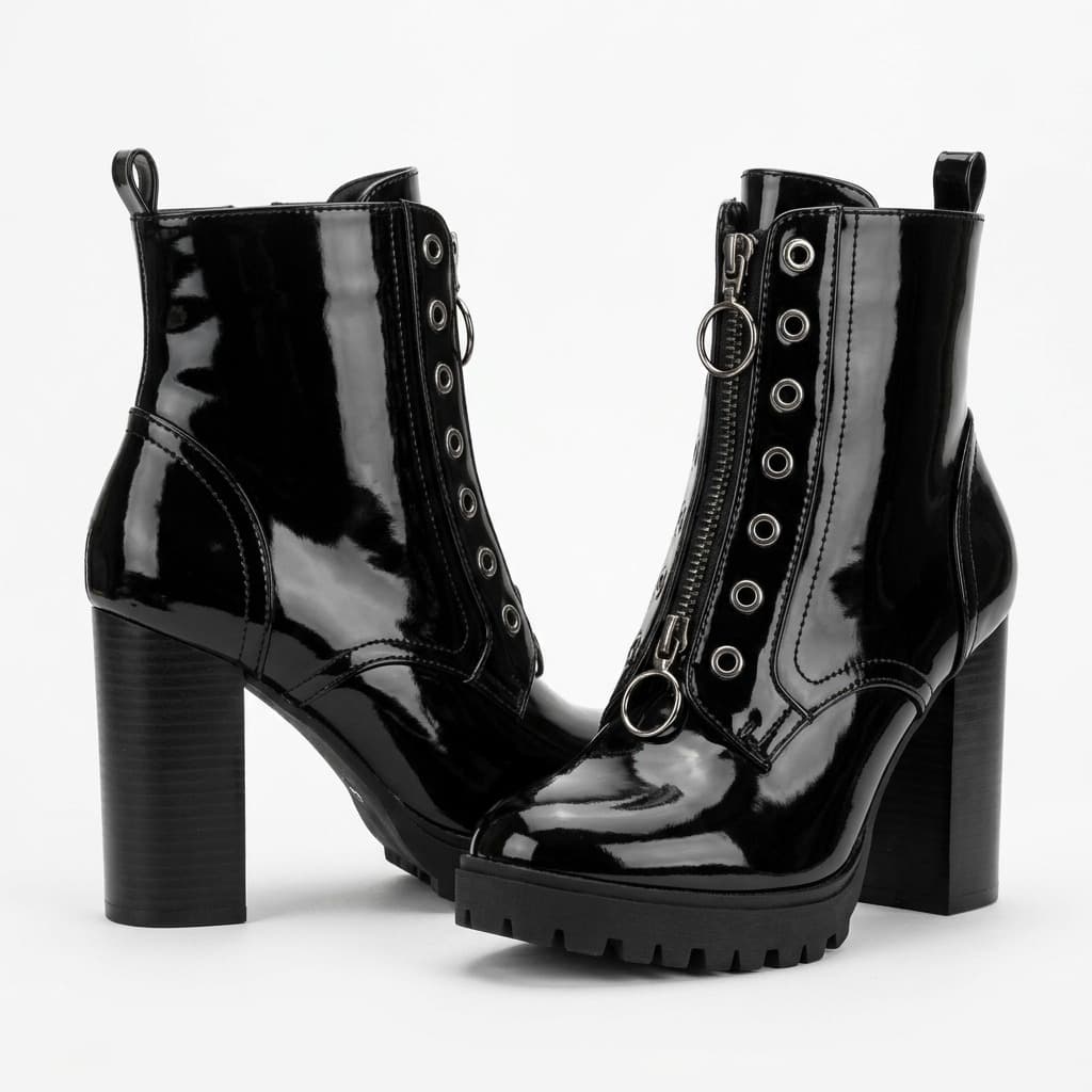 Botines de Tacón Bata - Charol Negro con Cremallera Frontal y Plataforma Talla 37