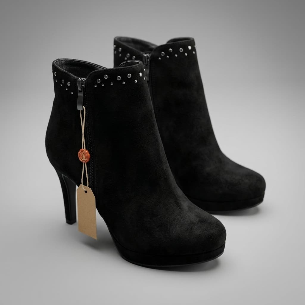 Botines de Tacón Bata - Ante Negro con Tachuelas y Plataforma Talla 36