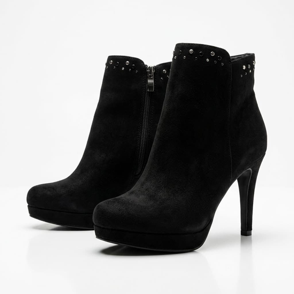 Botines de Tacón Bata - Ante Negro con Tachuelas y Plataforma Talla 36